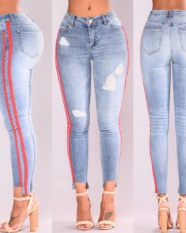 Denim stretch hole fashion ribbon denim high waist pants