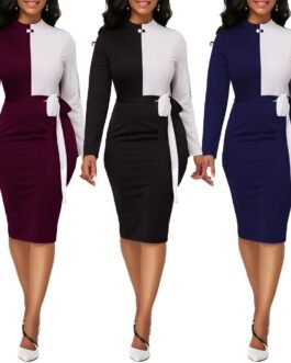 Versatile long sleeve sexy color matching dress