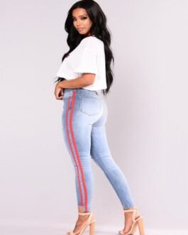 Denim stretch hole fashion ribbon denim high waist pants